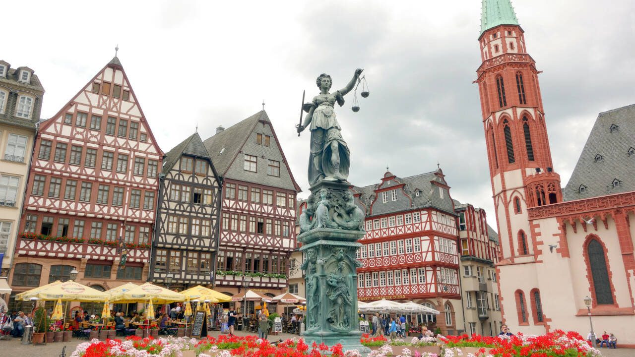 Frankfurt’s Romerberg Square looks old, but the half-timbered buildings were rebuilt in 1983, four decades after bombs destroyed the originals during World War II.