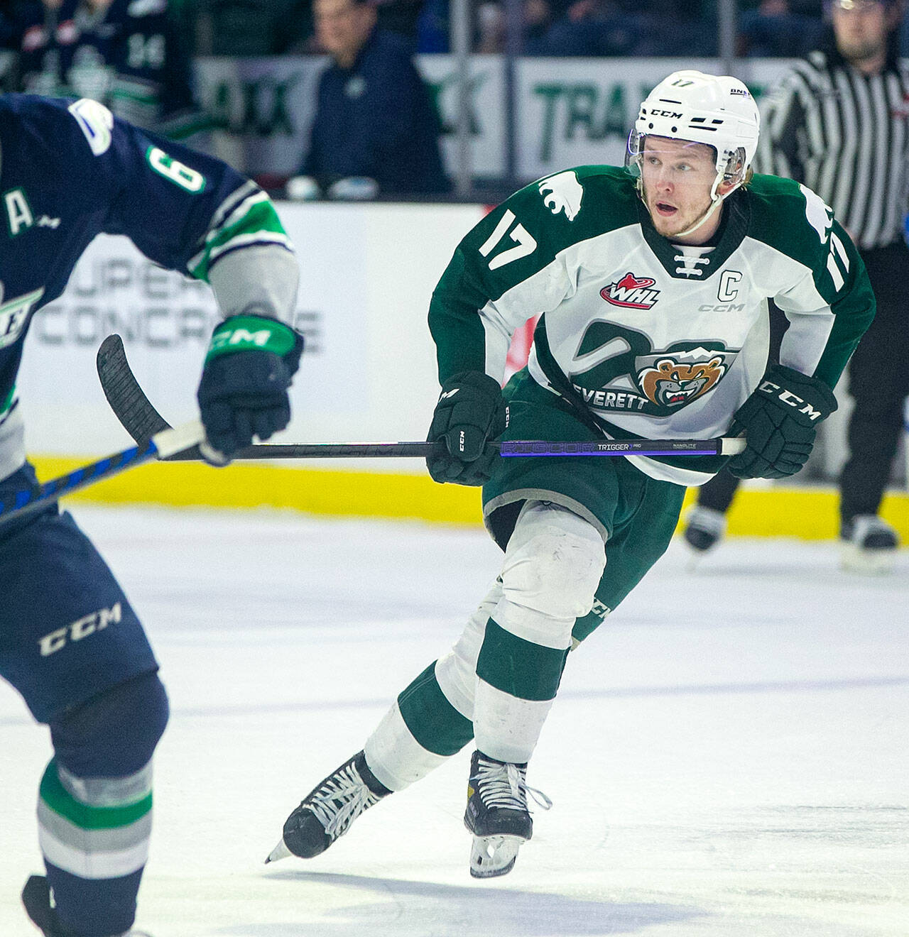 Silvertips winger Jackson Berezowski skates into the offensive zone during a game against the Seattle Thunderbirds on Feb. 4 at Angel of the Winds Arena in Everett. Berezowski, the franchise’s all-time leading goal scorer, was name the team’s Most Valuable Player on Friday. (Ryan Berry / The Herald)