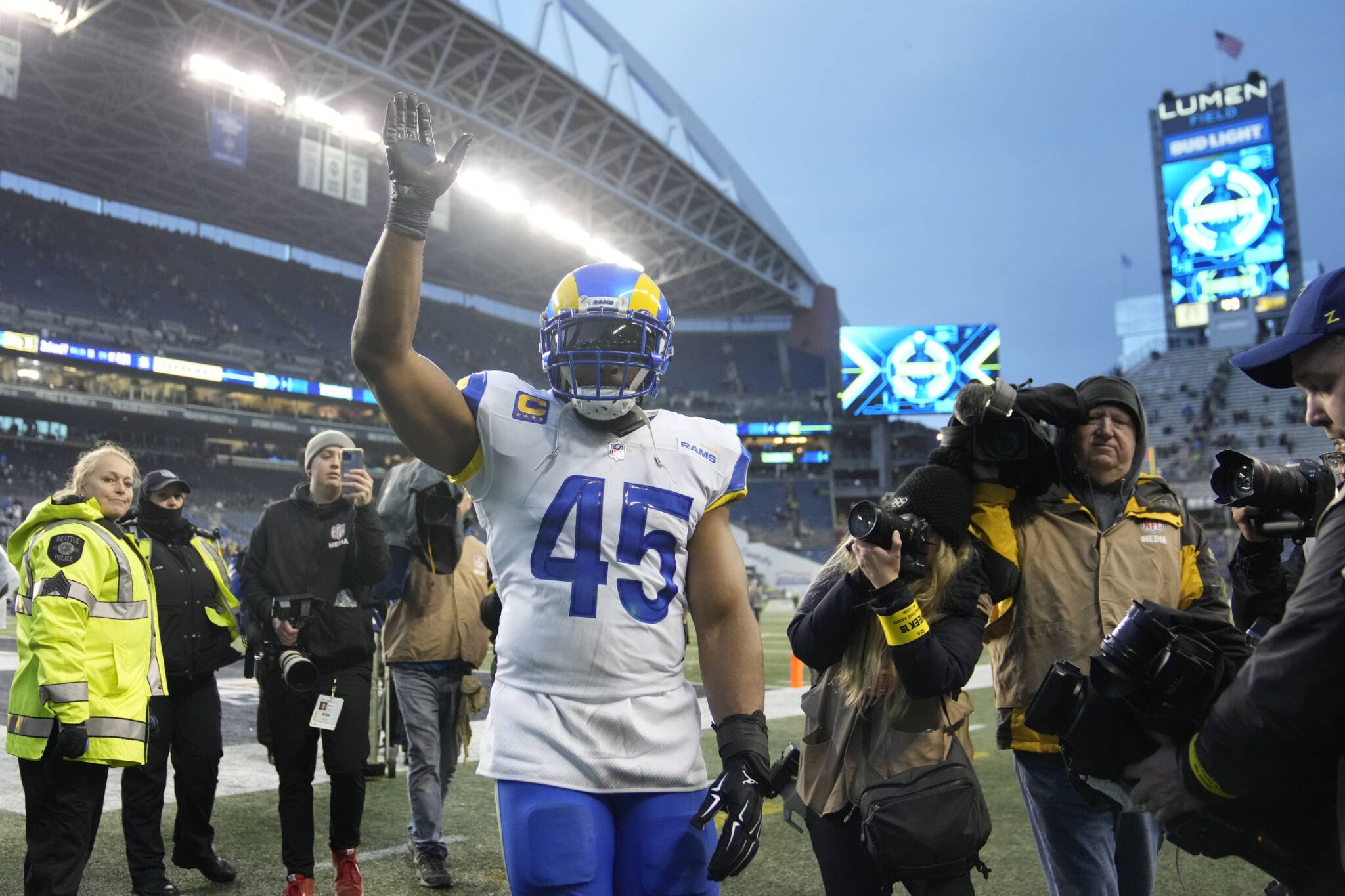 Linebacker Bobby Wagner waves to fans after an overtime loss to the Seattle Seahawks during in a game Jan. 8 in Seattle. (AP Photo/Stephen Brashear)