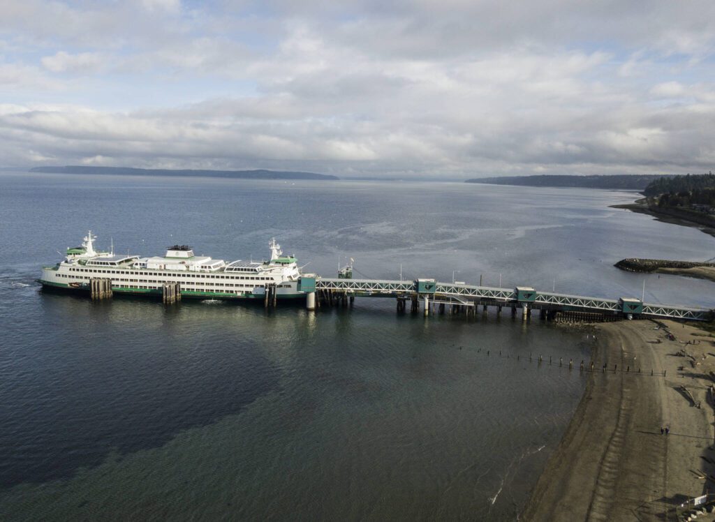 The M/V Puyallup docks at the Edmonds waterfront on Wednesday, Oct. 14, 2020 in Edmonds, Washington. (Olivia Vanni / The Herald)
