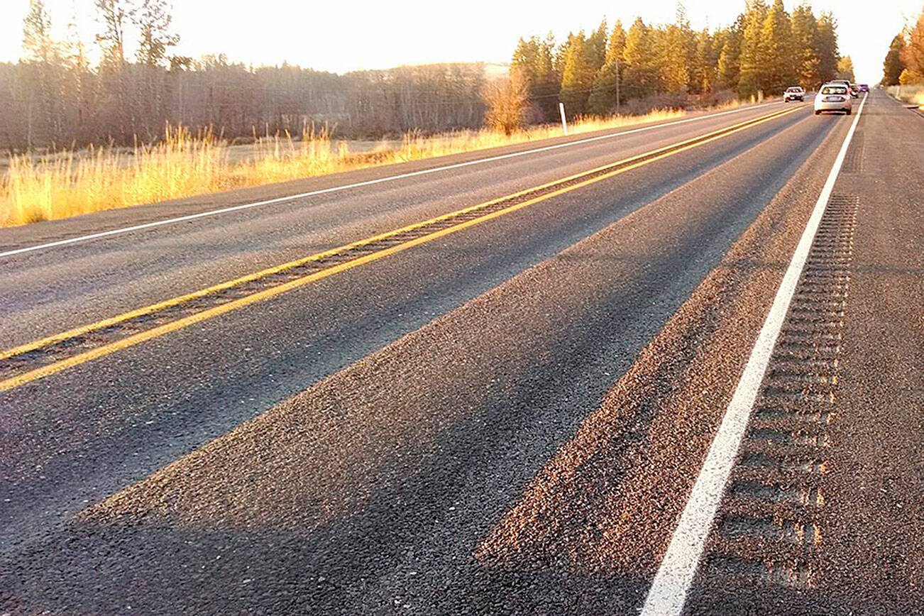 Highway 904 north of Cheney shows 15 years of wear caused primarily by studded tires. State agencies continue to try to ban the tires. So far, they've succeeded only in adding a new $5 fee per new studded tire to help address the damage. (WSDOT)