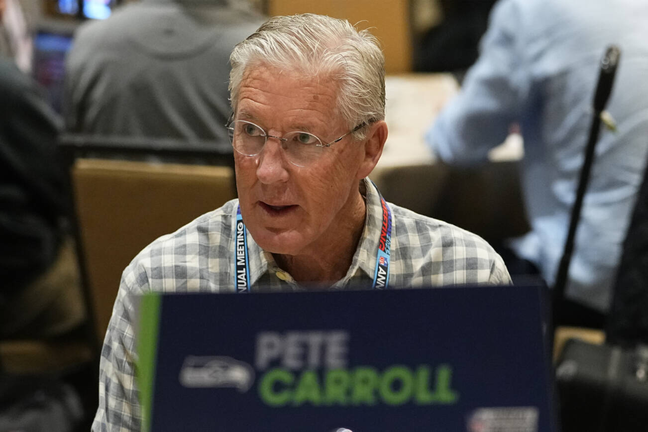 Seattle Seahawks head coach Pete Carroll speaks during the NFC head coaches availability at the NFL football meetings, Tuesday, March 28, 2023, in Phoenix. (AP Photo/Matt York)