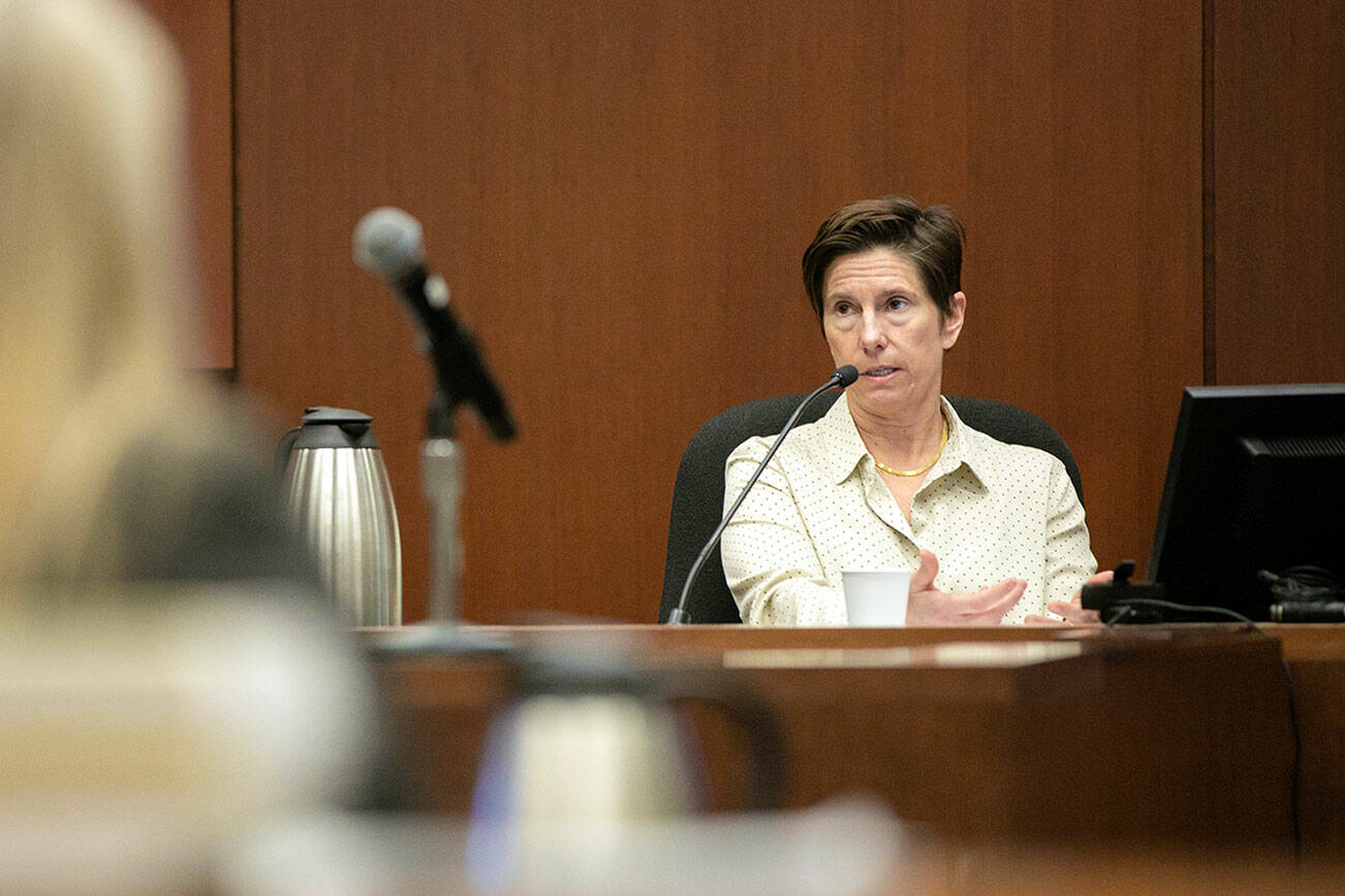 Dr. Wendi Wachsmuth, a clinical psychologist, answers questions from the defense during the trial of Richard Rotter on Thursday, March 30, 2023, at Snohomish County Superior Court in Everett, Washington. (Ryan Berry / The Herald)
