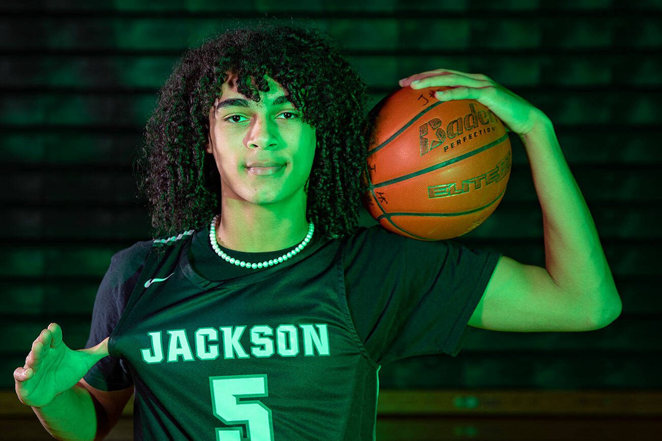 Jackson senior Sylas Williams is the 2022-23 Player of the Year. Photographed on Sunday, March 26, 2023, at Jackson High School in Mill Creek, Washington. (Ryan Berry / The Herald)