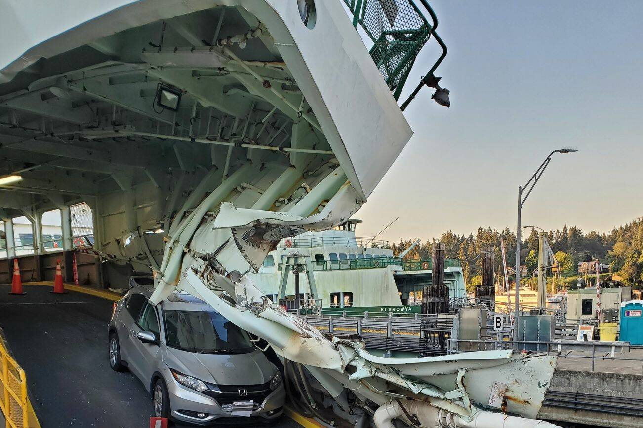 The Cathlamet made headlines when it crashed into pilings at Fauntleroy terminal on July 28, 2022. WSDOT launched an internal investigation to determine the cause of the collision. (Washington State Department of Transportation)