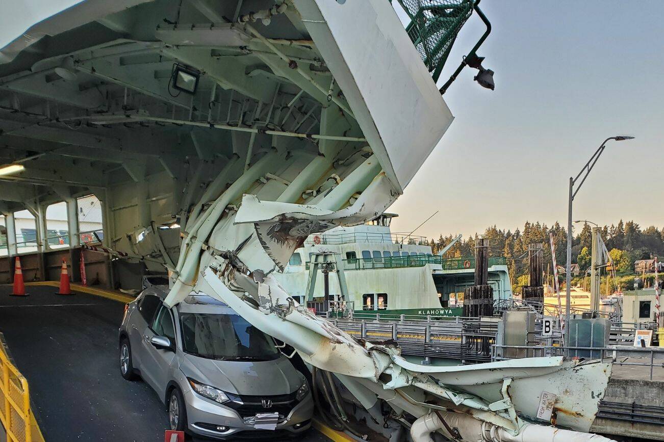 The Cathlamet made headlines when it crashed into pilings at Fauntleroy terminal on July 28, 2022. WSDOT launched an internal investigation to determine the cause of the collision. (Washington State Department of Transportation)