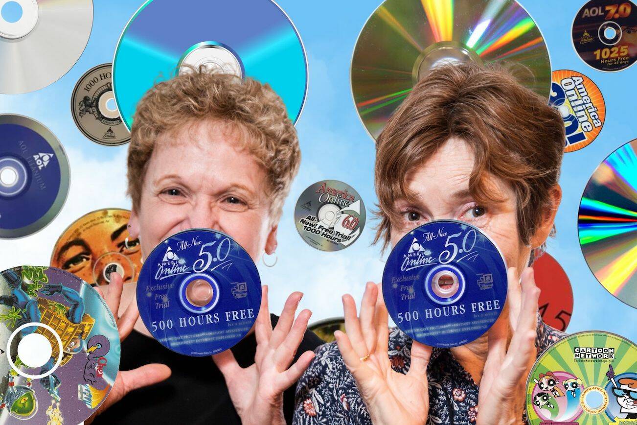 Andrea Brown, left, and Janice Podsada surrounded by America Online CDs. (Photo illustration by Kate Erickson & Olivia Vanni / The Herald)