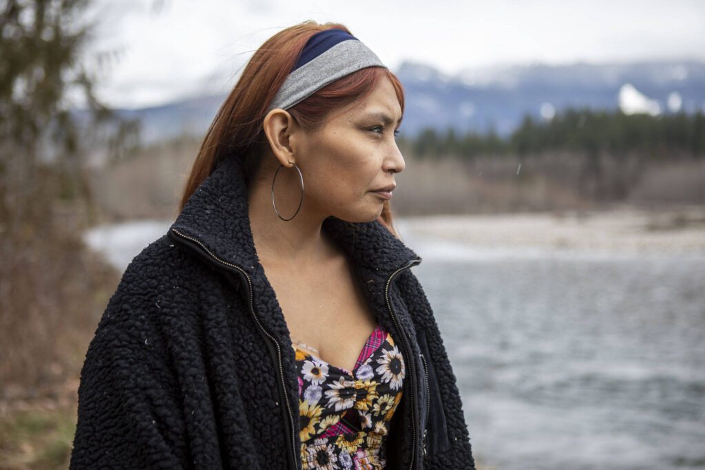 Khrista Bill poses for a photo near the Sauk-Suiattle Reservation in Darrington, Washington on Thursday, March 23, 2023. (Annie Barker / The Herald)
