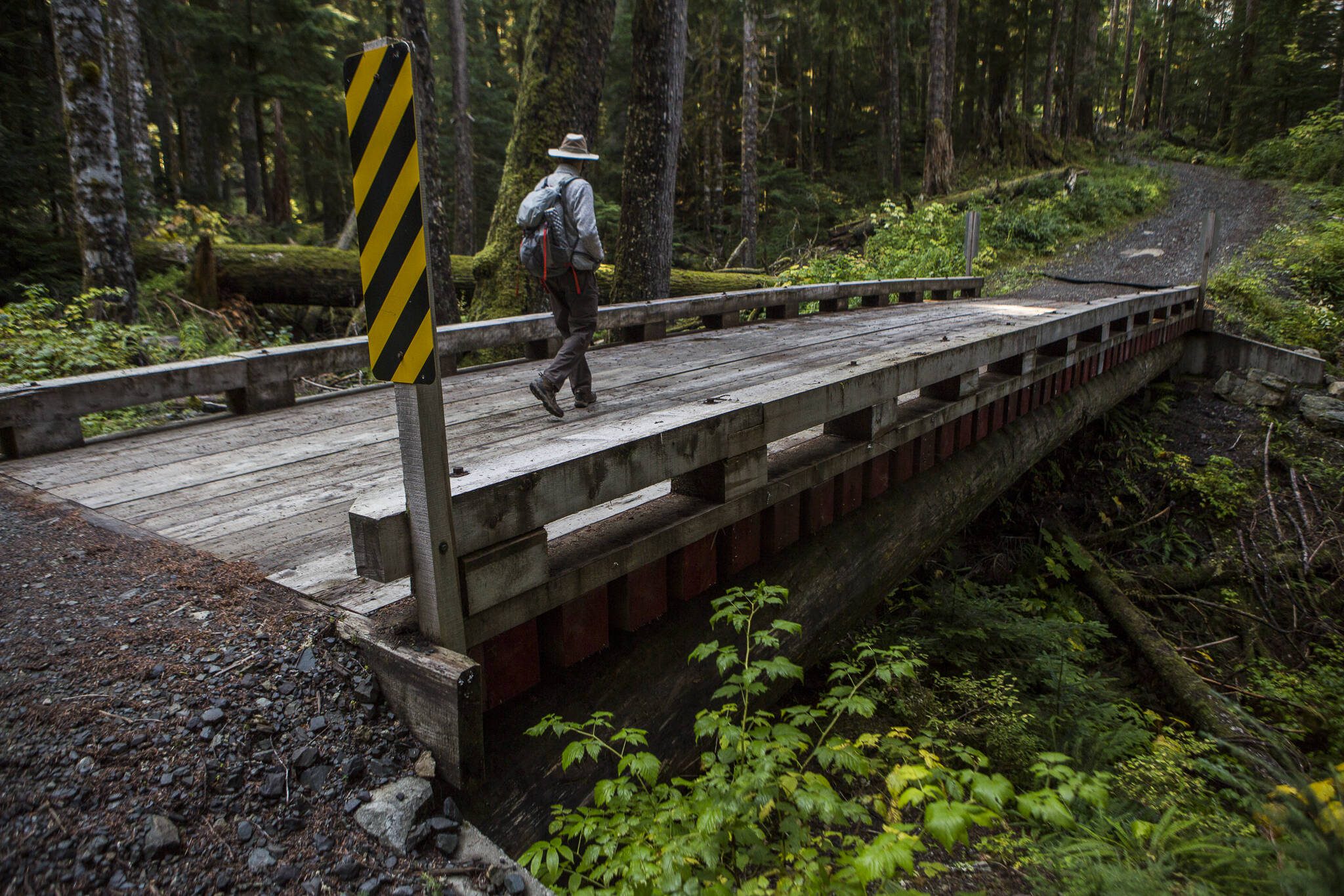 A log bridge crosses a creek along an access road connected to the Monte Cristo trail in Monte Cristo, Washington. (Olivia Vanni / The Herald)