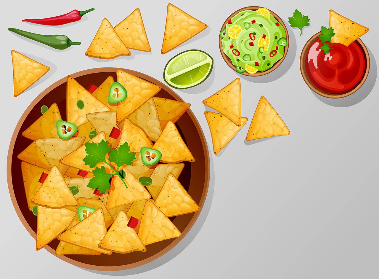 Bowl with nachos, salsa, guacamole and ranch sauces top view. Traditional Mexican food tortilla chips with dressing, lime slice and jalapeno hot chili peppers on table. Cartoon vector illustration