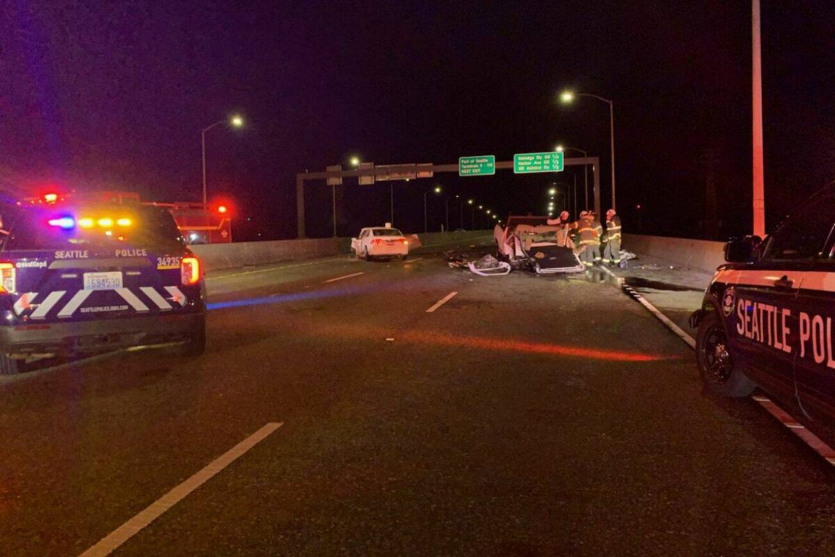 Seattle police received multiple 911 calls of a white pickup truck traveling the wrong way in the westbound lane of the West Seattle Bridge the morning of March 22, 2023 in Seattle, Washington. The truck collided with another vehicle, killing the passenger and driver inside. (Seattle Police Department)