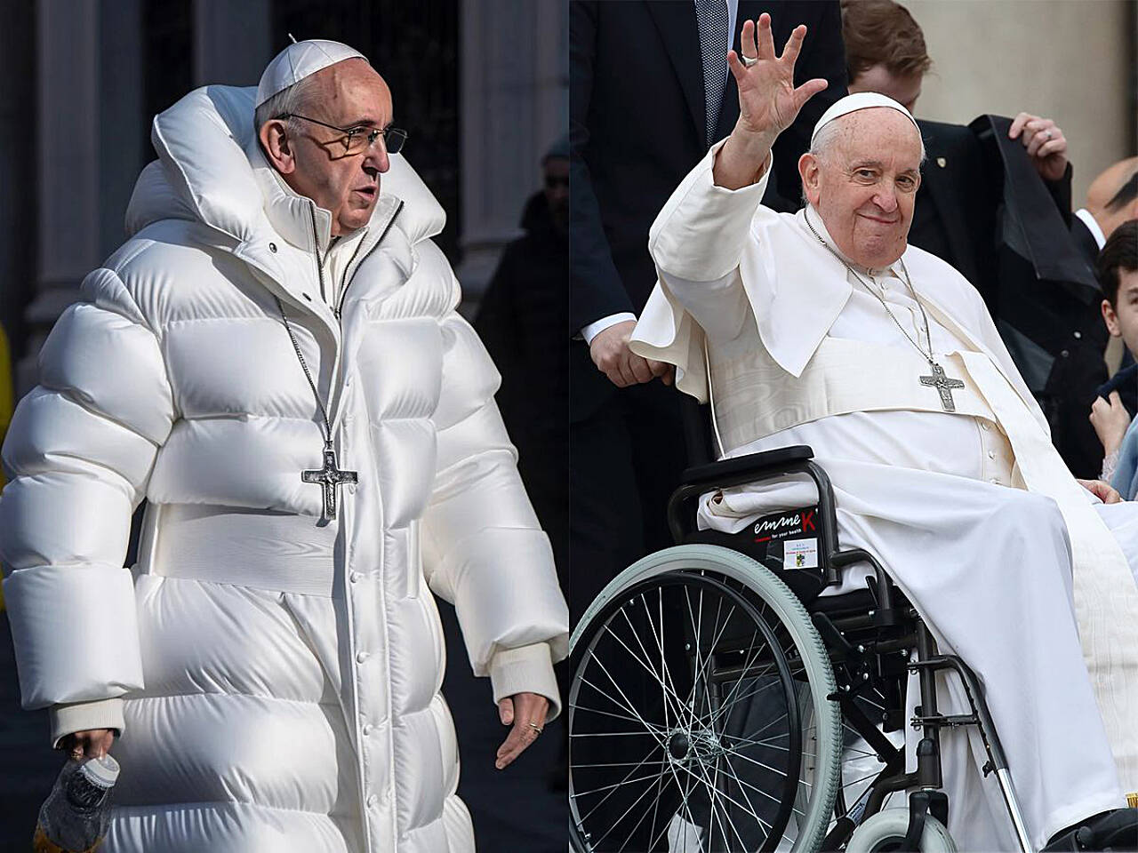 Two images of Pope Francis show a faked photo (left) of the pontiff in a puffy coat and (right) in a news photo taken of the pope last May at the Vatican. (Bloomberg)