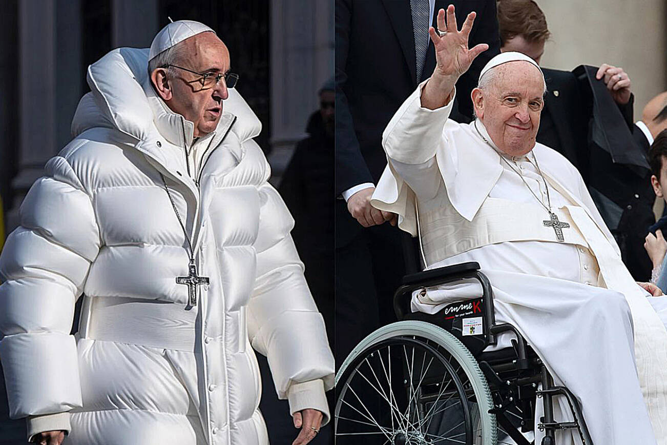 Bloomberg
Two images of Pope Francis show a faked photo (left) of the pontiff in a puffy coat and (right) in a news photo taken of the pope last May at the Vatican.
