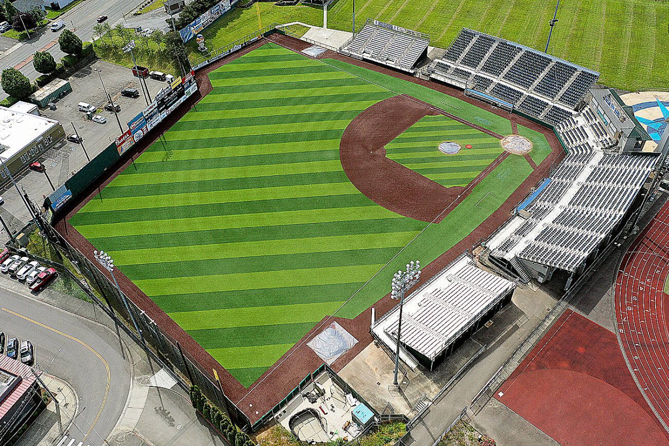 An aerial view of Funko Field at Memorial Stadium in Everett, home of the Everett AquaSox High-A baseball team. (Chuck Taylor / Herald file photo)