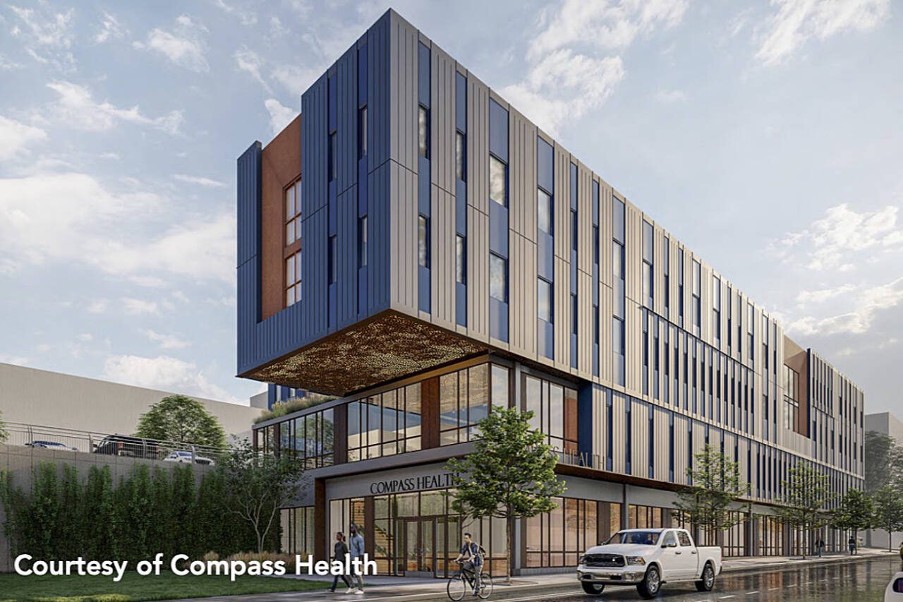 An artist’s rendering shows a new Compass Health facility on Broadway that will house a 16-bed mental health evaluation and treatment center and a 14-bed triage center, along with offices for crisis prevention, outreach and engagement teams. (Compass Health)