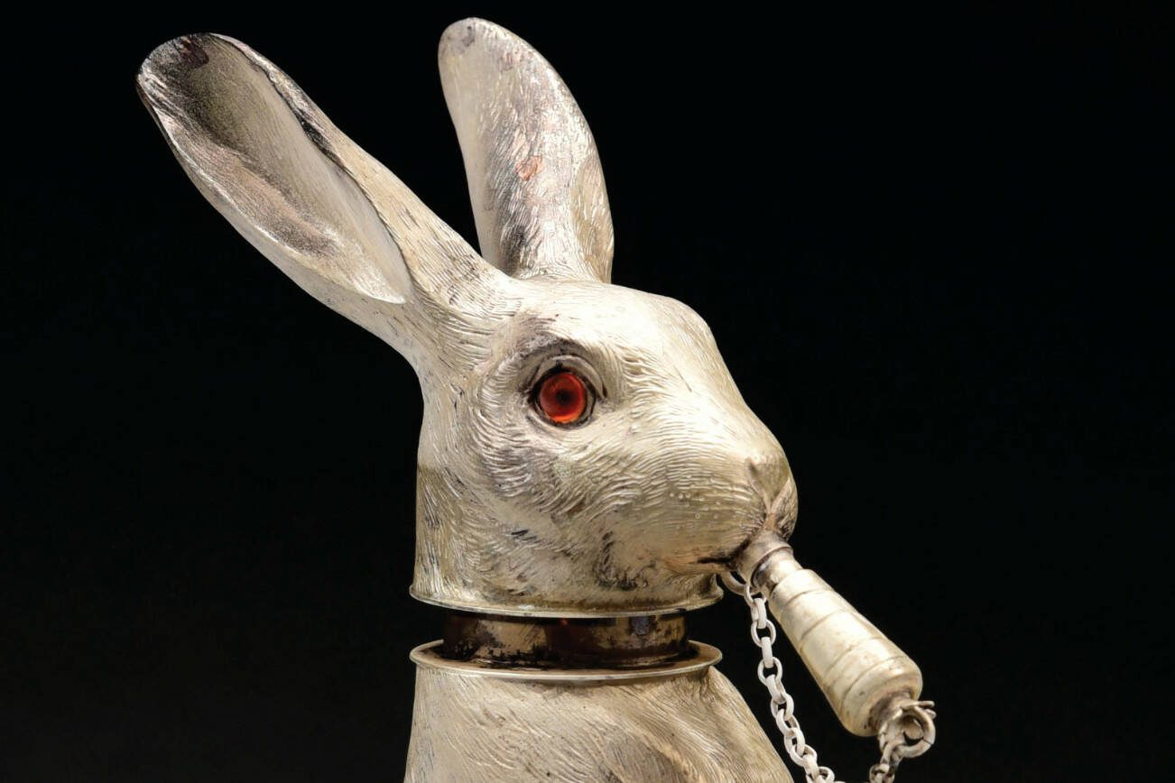 Figural cocktail shakers, like this silver-plated rabbit, were popular in the 1920s and ’30s and have been reproduced more recently. This Easter bunny cocktail shaker isn’t leaving treats for kids!