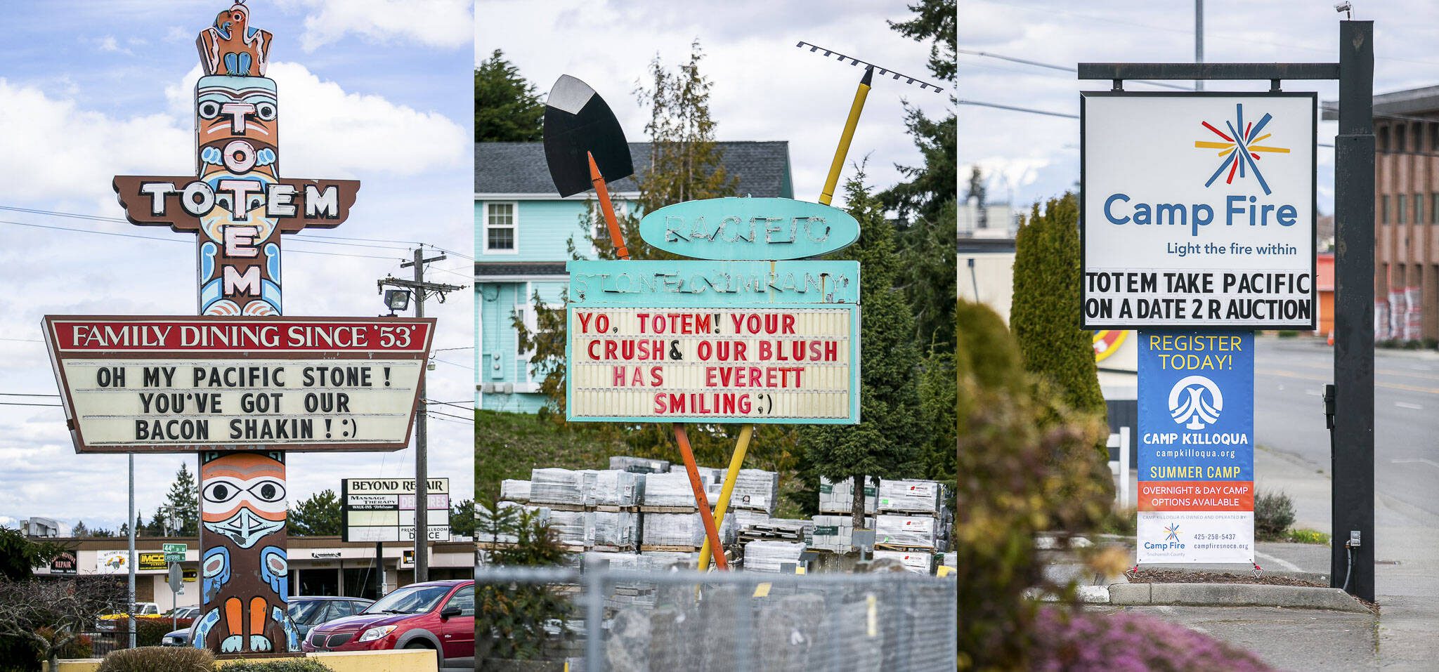 In this triptych image, the Totem Family Diner, Pacific Stone Company and Camp Fire signs chat with one another on Wednesday, April 5, 2023, in Everett, Washington. (Olivia Vanni / The Herald)