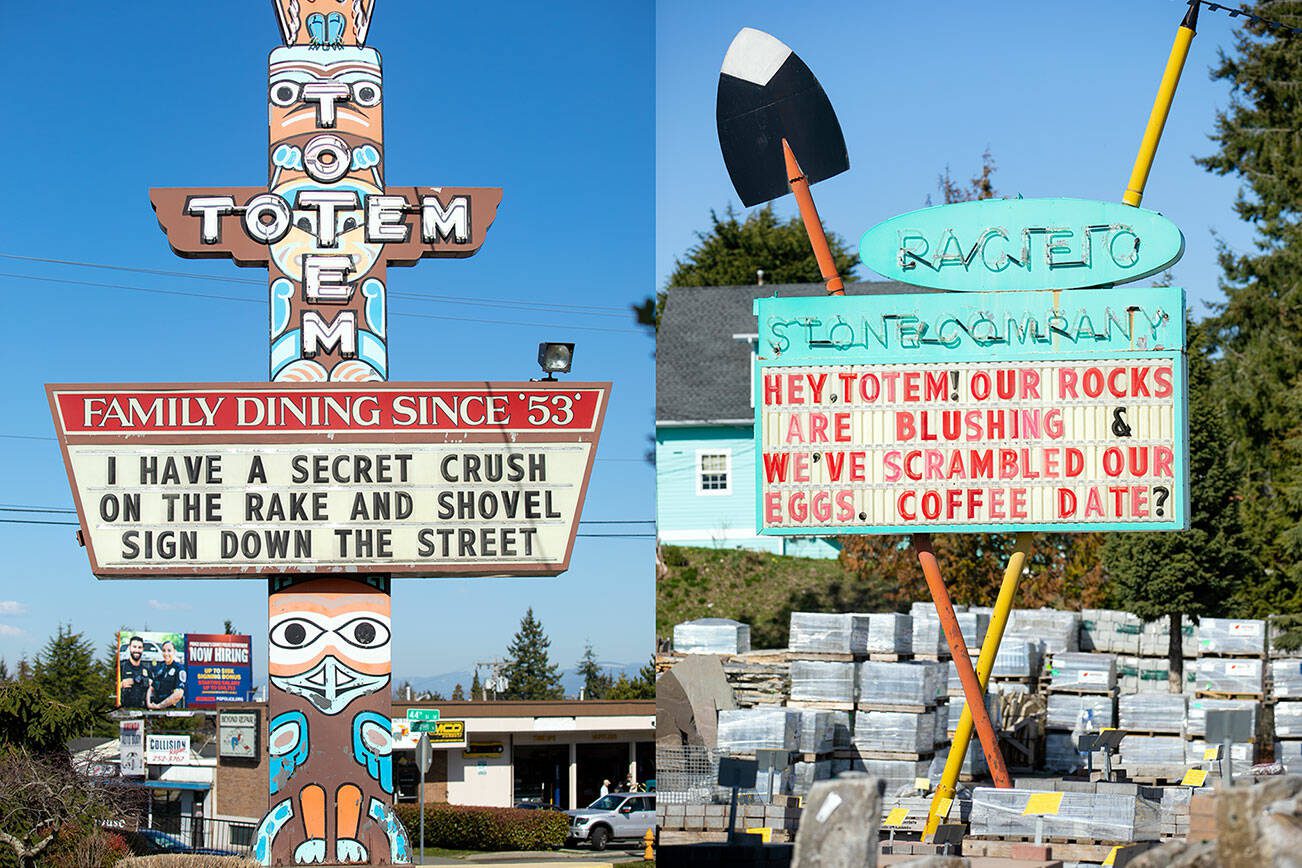 In this side-by-side image, the Totem Diner and Pacific Stone Company signs put on a flirty display for all to see Wednesday, March 22, 2023, in Everett, Washington. (Ryan Berry / The Herald)