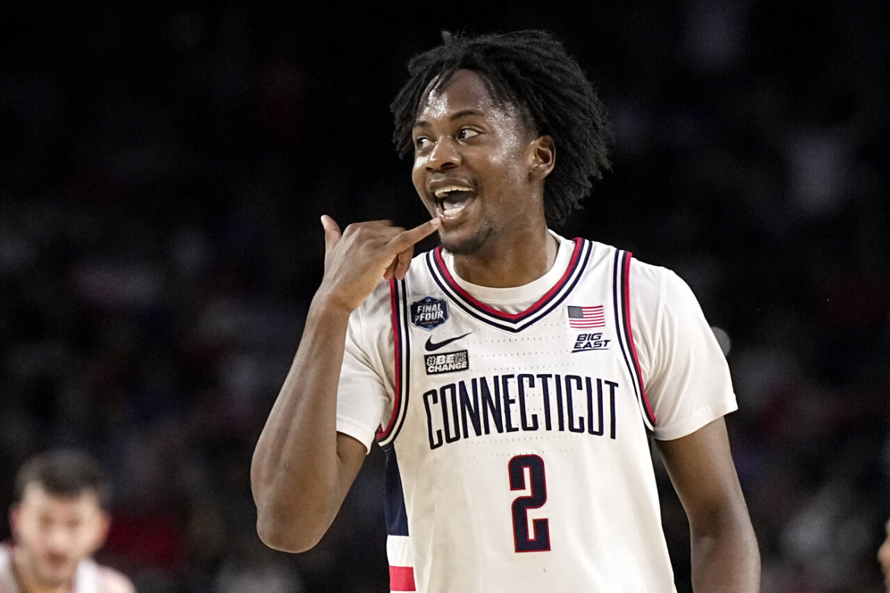 Connecticut guard Tristen Newton celebrates after scoring against San Diego State during the national championship game of the NCAA Tournament on Monday in Houston. (AP Photo/Brynn Anderson)