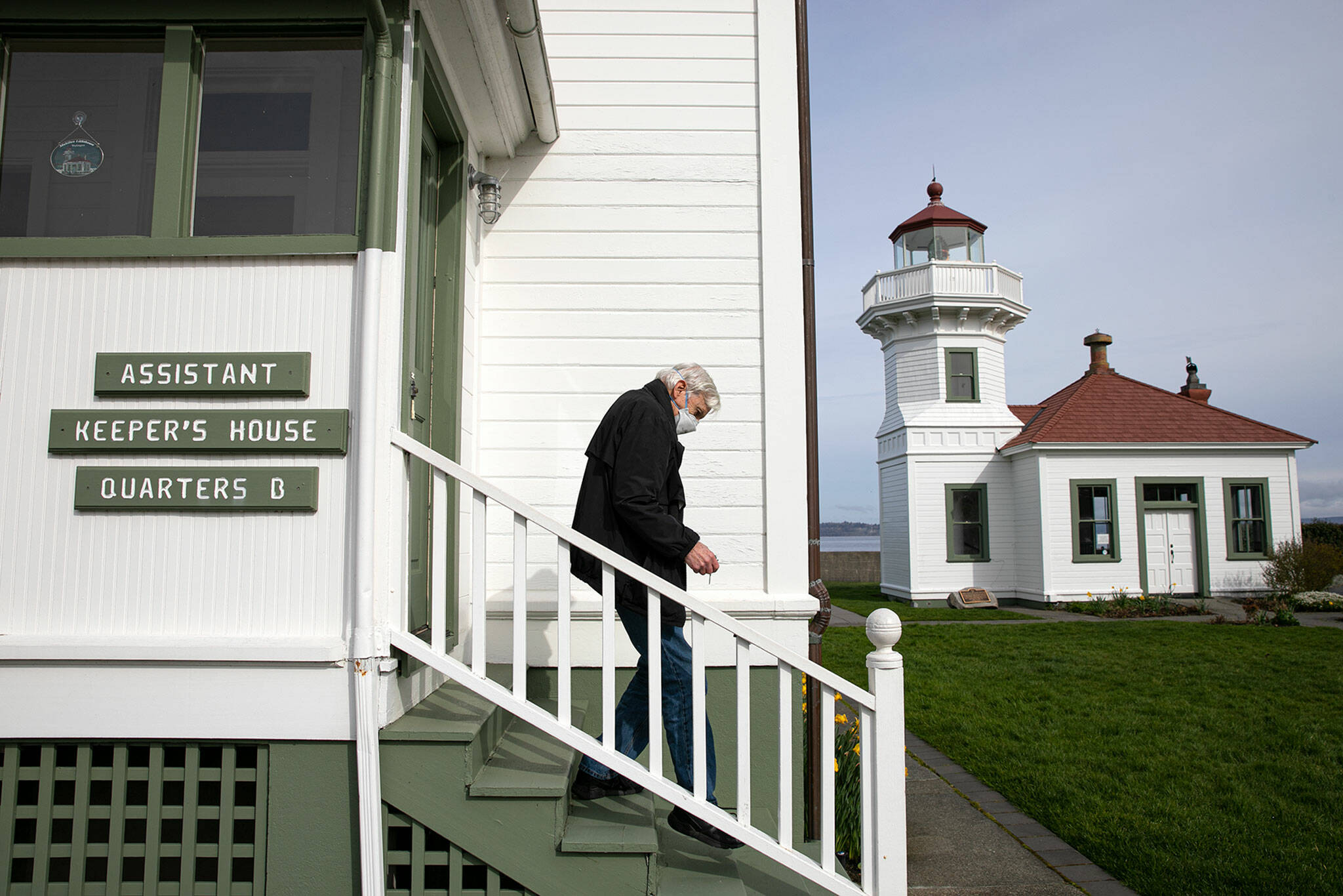 Peter Anderson walks around the Mukilteo Lighthouse campus on March 24, 2022, in Mukilteo, Washington. (Ryan Berry / The Herald)