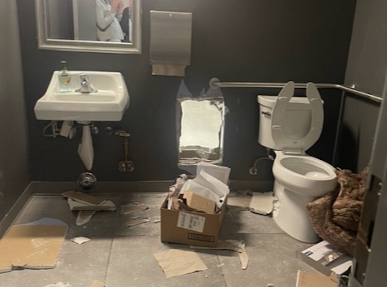 Bandits reportedly cut a hole through Seattle Coffee Gear’s bathroom wall to access the Alderwood mall Apple store, on Sunday, April 2, 2023, in Lynnwood, Washington. (Photo courtesy Mike Atkinson)