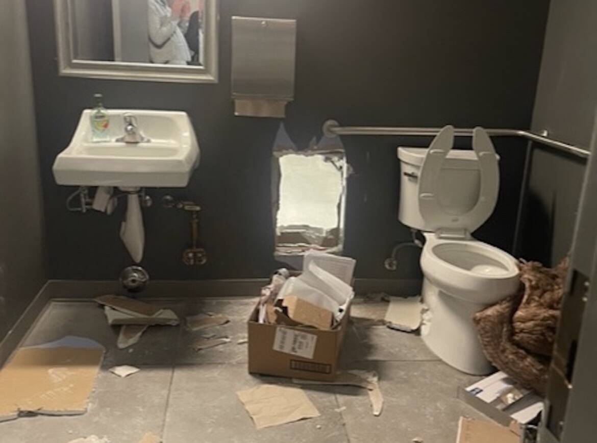 Bandits reportedly cut a hole through Seattle Coffee Gear's bathroom wall to access the Alderwood mall Apple store, on Sunday, April 2, 2023, in Lynnwood, Washington. (Photo courtesy Mike Atkinson)