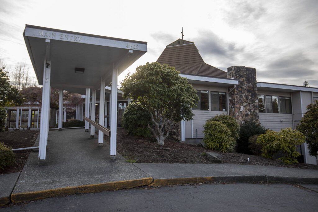 Hope Church in Everett, Washington on Wednesday, April 5, 2023. The church will potentially be converted to a low barrier homeless shelter. (Annie Barker / The Herald)
