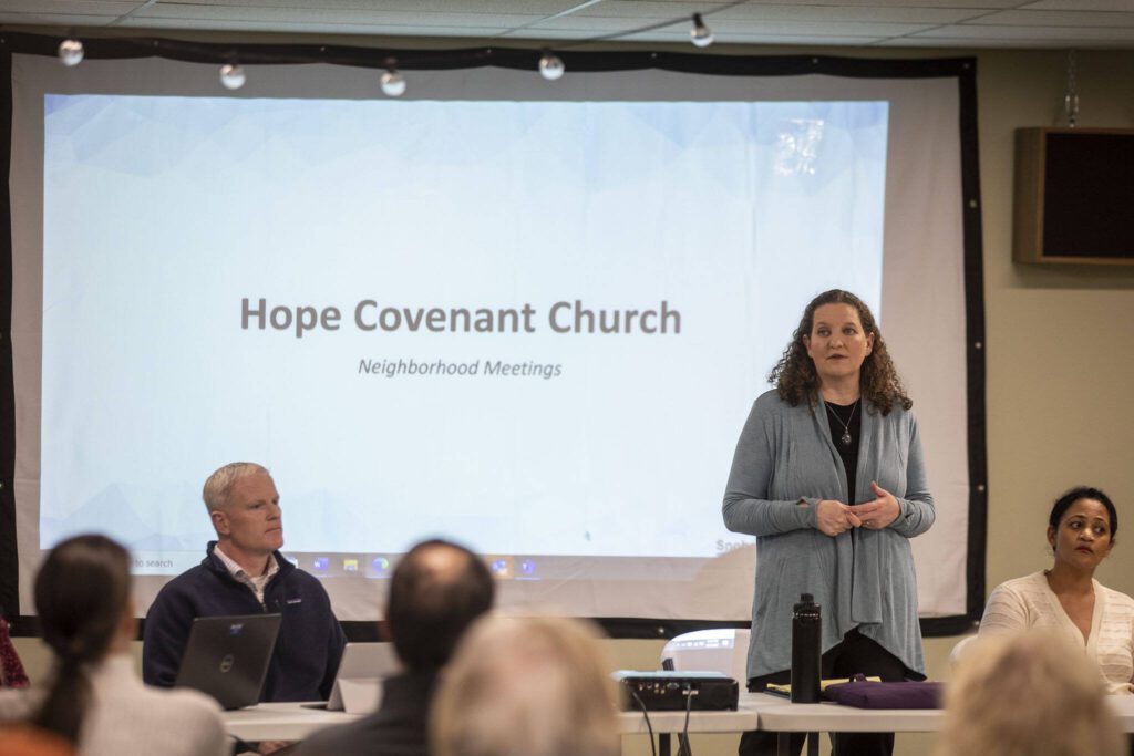 District 2 Councilmember Megan Dunn speaks at Hope Church in Everett, Washington on Wednesday, April 5, 2023. The church will potentially be converted to a low barrier homeless shelter. (Annie Barker / The Herald)
