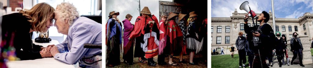 Three more of Olivia Vanni’s favorite photos (from left): Beverly LaBruyere holds the hands of Ferne Violet Berg Ullestad during Ferne’s 100th birthday celebration in Marysville. Dancers wait to enter the longhouse for the Salmon Ceremony in Tulalip. Everett High School student Soren Dellaguardia leads a walkout to protest rape culture in schools.
