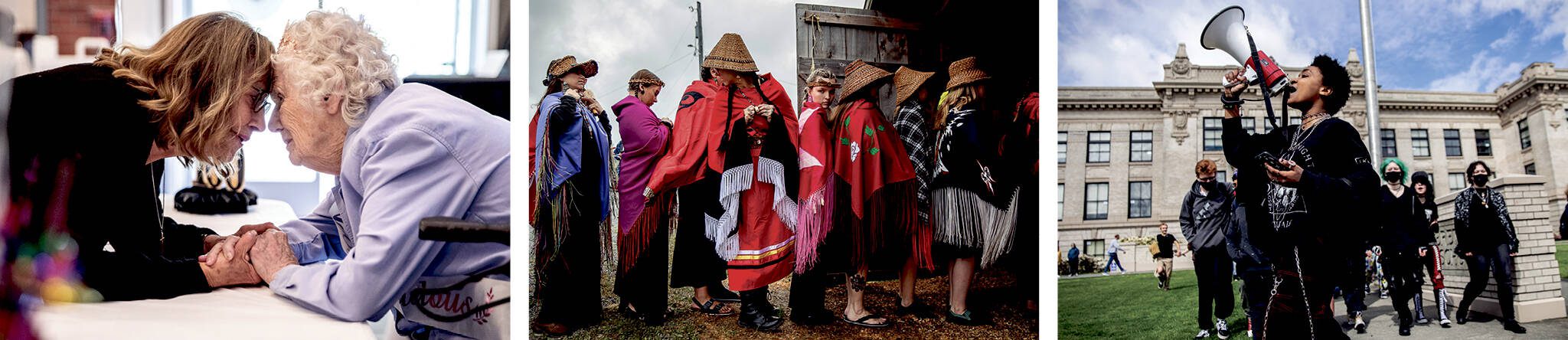 Three more of Olivia Vannis favorite photos (from left): Beverly LaBruyere holds the hands of Ferne Violet Berg Ullestad during Fernes 100th birthday celebration in Marysville. Dancers wait to enter the longhouse for the Salmon Ceremony in Tulalip. Everett High School student Soren Dellaguardia leads a walkout to protest rape culture in schools.