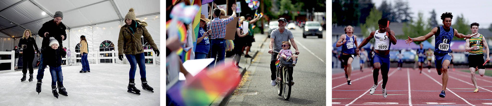 Three more of Ryan Berrys favorite photos (from left): Josh and Nicki Haine help their 4-year-old niece Eleanor get around on skates for the first time as her mother Tiffany Butler (left) follows at Arlingtons seasonal ice rink. One-year- old Amiyah and her grandfather Bob pedal past a rally in support of LGBTQ+ students in Marysville. Trayce Hanks (left) of Lake Stevens peeks at another runner as they cross the finish line neck-and-neck during a relay race.