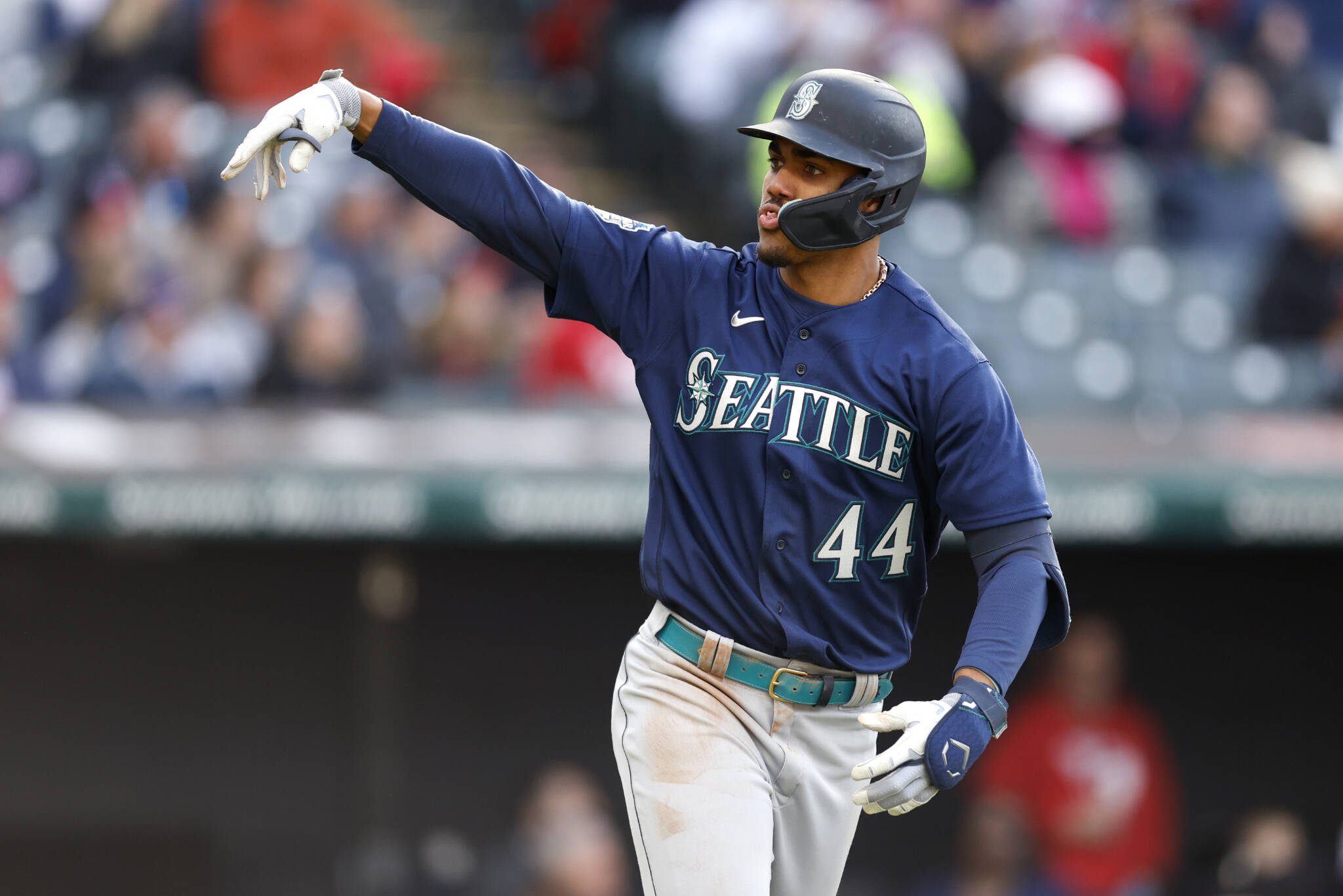 Seattle Mariners’ Julio Rodriguez celebrates as he rounds the bases after hitting a two-run home run off Cleveland Guardians relief pitcher Nick Sandlin during the sixth inning of a Friday’s game in Cleveland. (AP Photo/Ron Schwane)