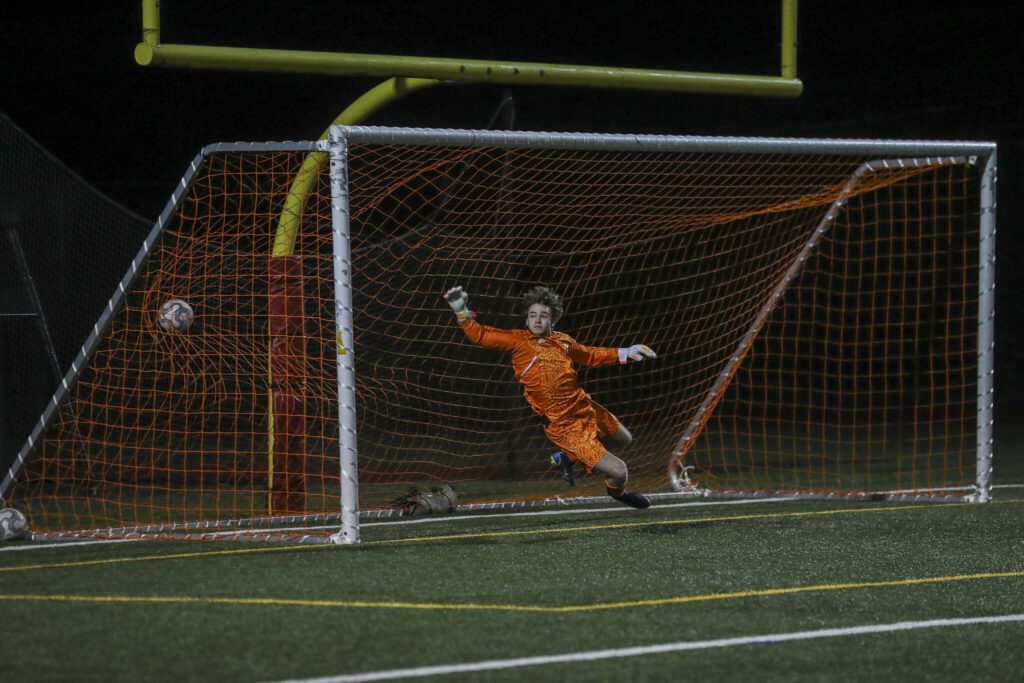 Shorewood scores during a game between Monroe and Shorewood at Monroe High School on Friday, April 7, 2023 in Monroe, Washington. Shorewood won in double overtime, 3-2. (Annie Barker / The Herald)
