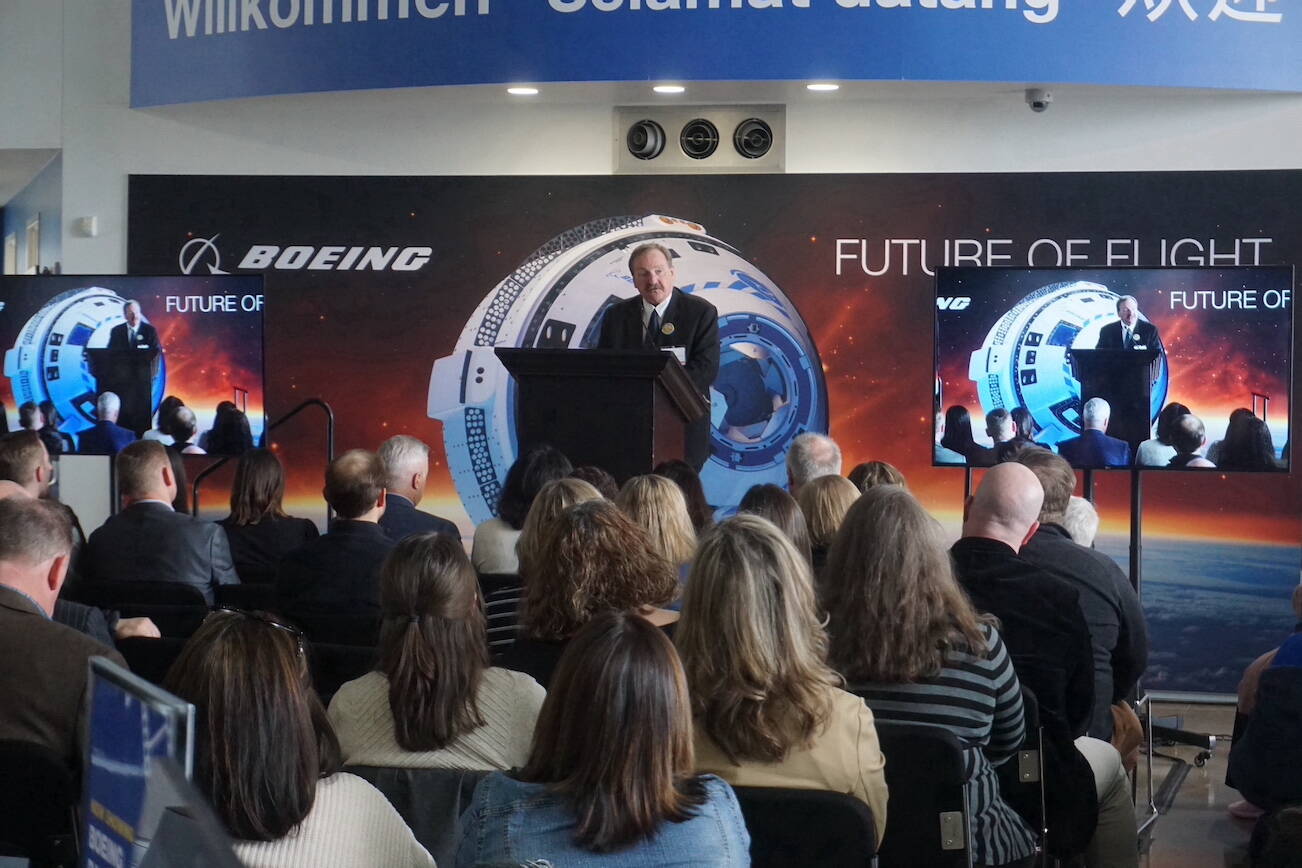 County Executive Dave Somers speaking at the the Economic Alliance Snohomish County Update, hosted by The Boeing Company on Tuesday, April 11, 2023, in Everett, Washington. (Kayla J. Dunn / The Herald)