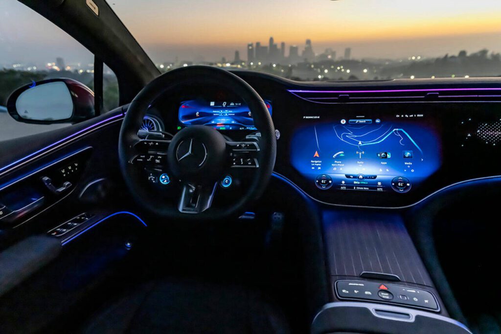 The MBUX Hyperscreen inside the Mercedes-AMG EQS sedan puts on a show. (Mercedes-Benz)
