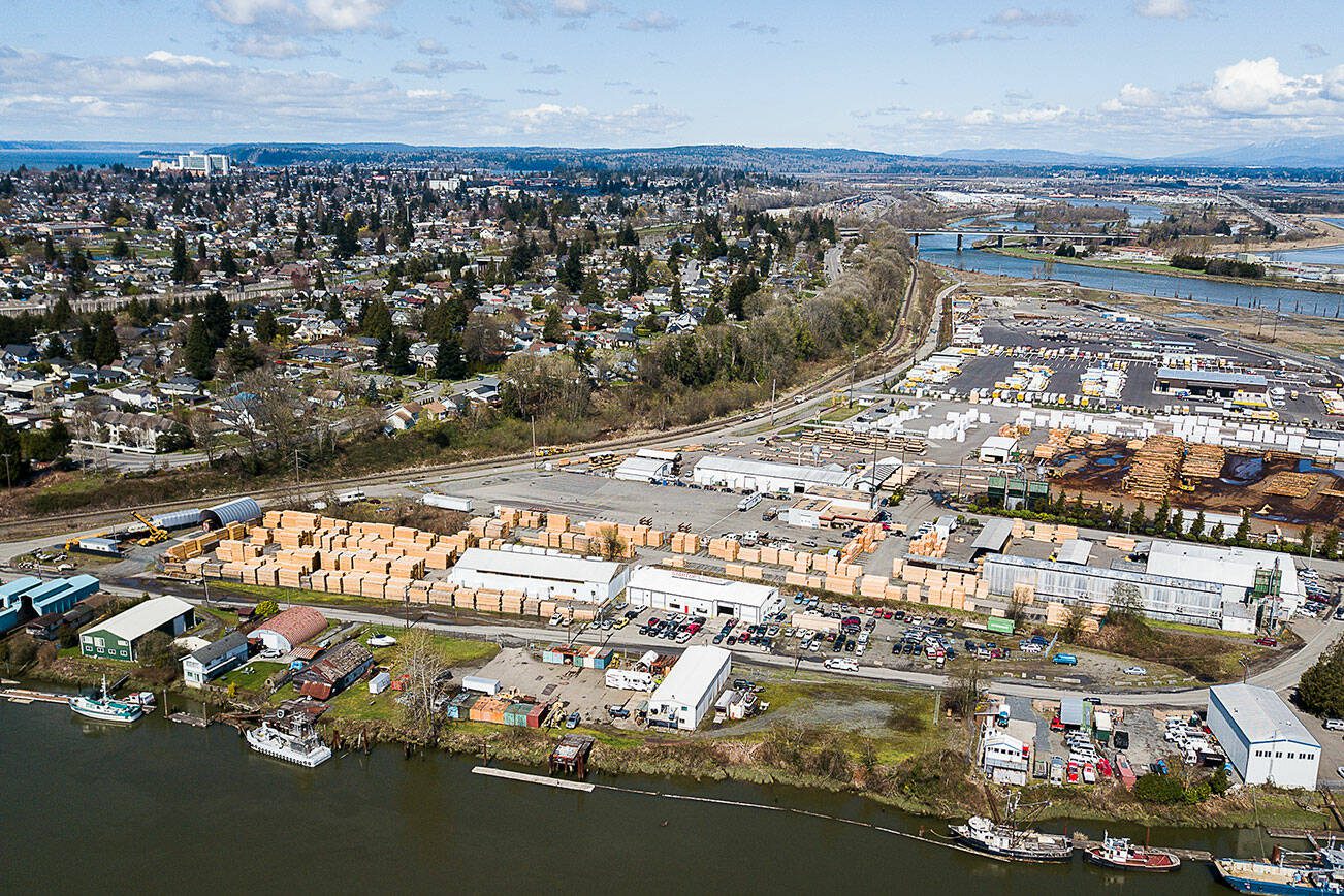 The city of Everett is considering a bridge extending east from Everett Avenue over the bluff and railroad to property it owns for a new public works base. (Olivia Vanni / The Herald)