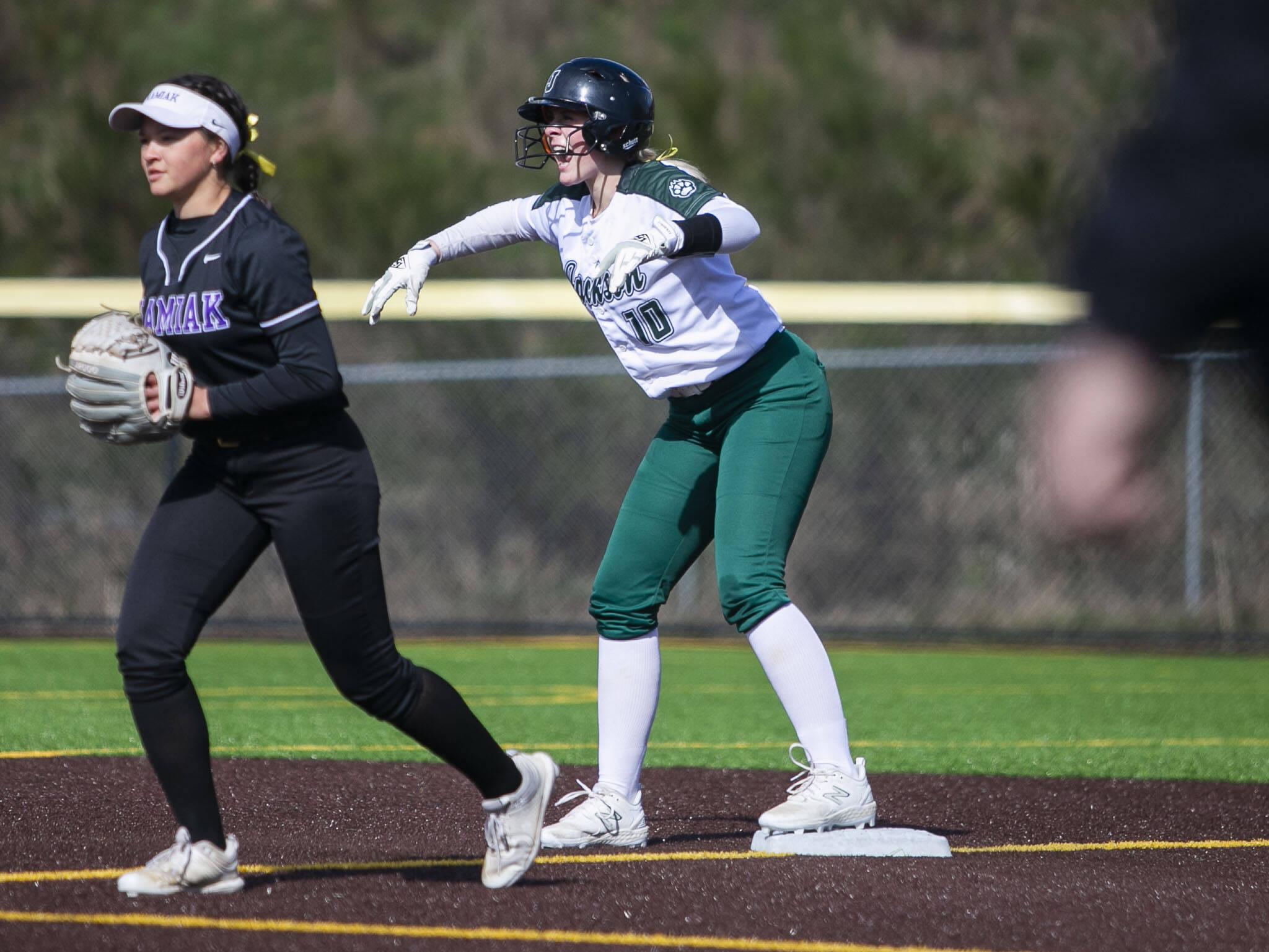 Leneyah Mitchell reacts to a hit during the game against Kamiak on Tuesday, April 11, 2023 in Everett, Washington. (Olivia Vanni / The Herald)