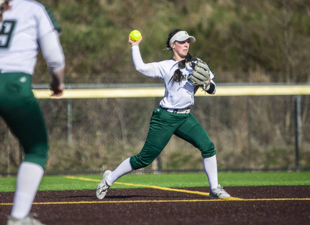 Rachel Sysum throws the ball during the game against Kamiak on Tuesday, April 11, 2023 in Everett, Washington. (Olivia Vanni / The Herald)
