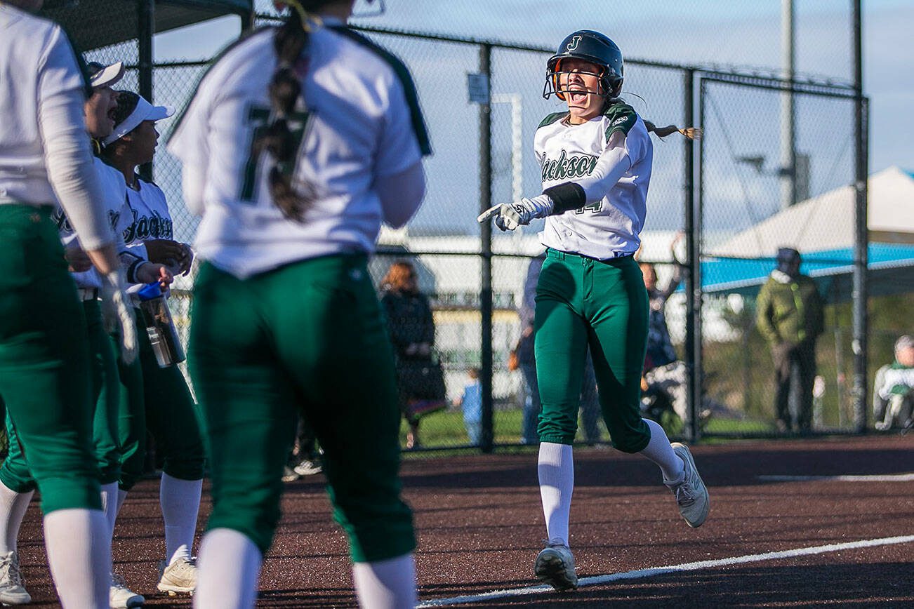 Macie Dean runs into home to score a run during the game against Kamiak on Tuesday, April 11, 2023 in Everett, Washington. (Olivia Vanni / The Herald)