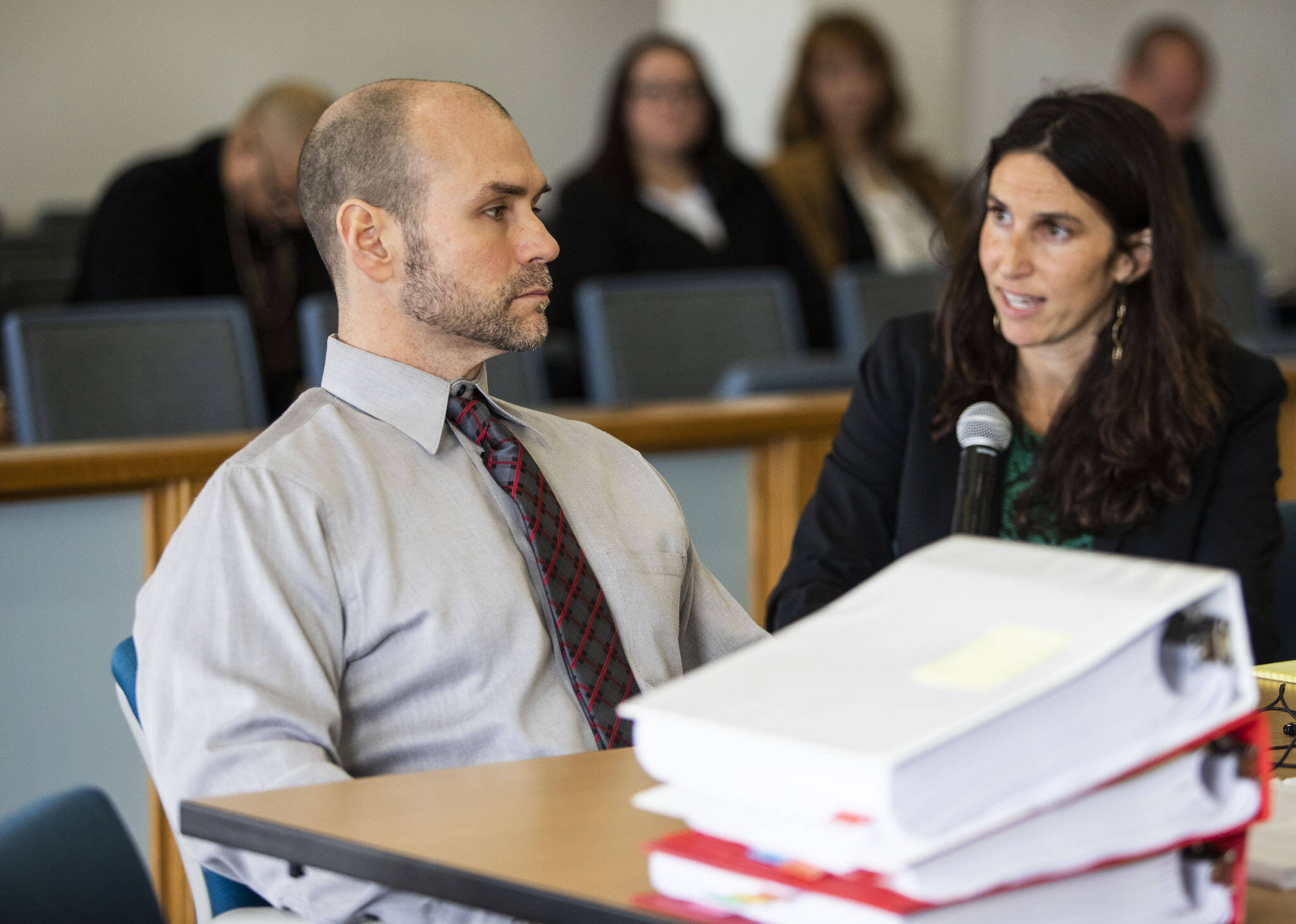Steven Eggers listens while his attorney speaks about his traumatic childhood during his resentencing hearing at the Snohomish County Courthouse on Monday, April 17, 2023 in Everett, Washington. (Olivia Vanni / The Herald)
