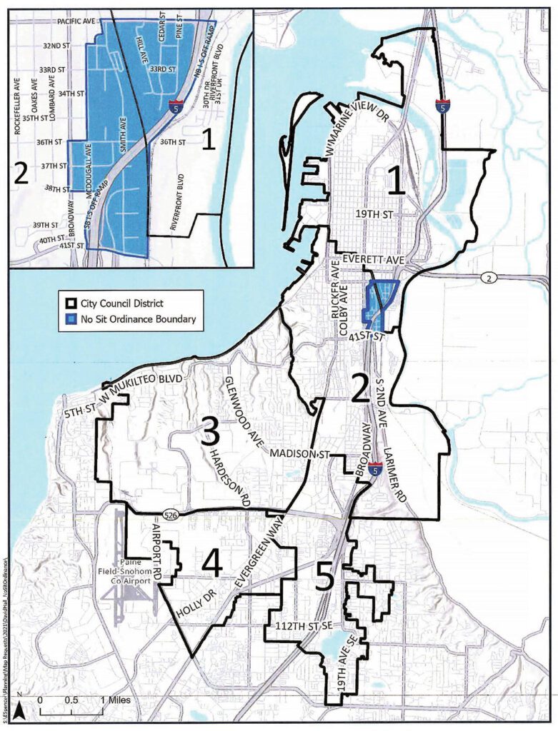 The boundaries of Everett’s current “no sit, no lie” ordinance. (City of Everett)
