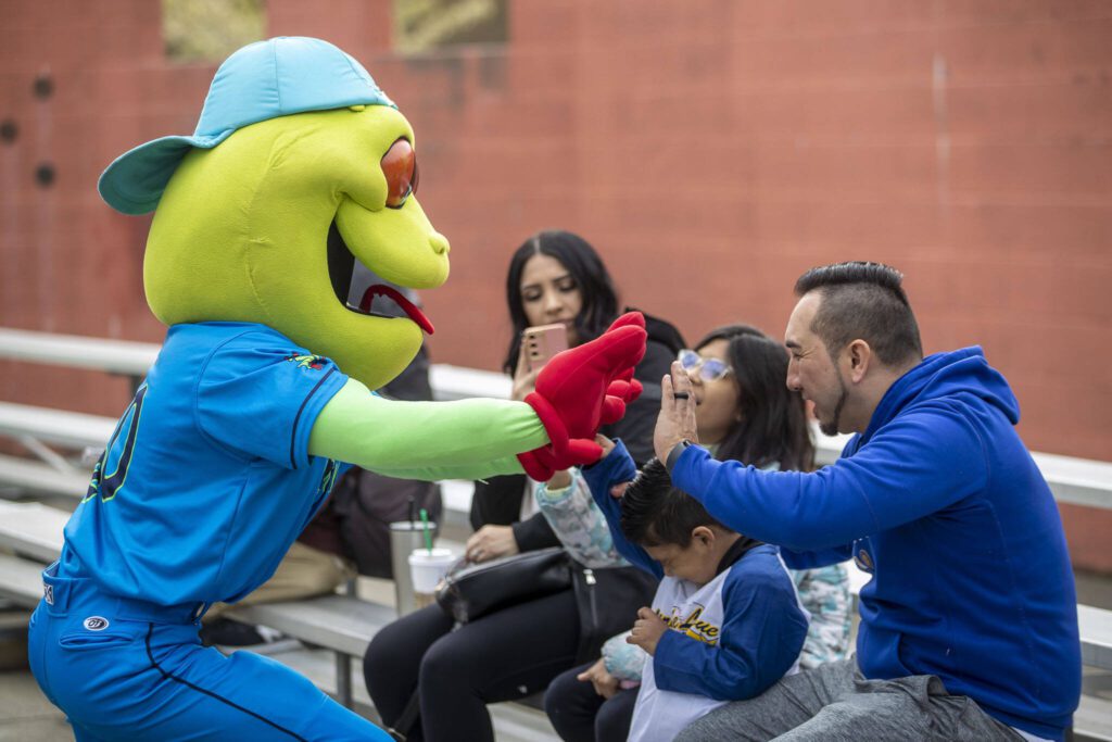 Webbly greets people in the stands during a game of YMCA’s Miracle League Baseball at Monroe Rotary Field in Monroe, Washington on Saturday, April 22, 2023. The program is designed to allow people with diverse abilities to play baseball. (Annie Barker / The Herald)
