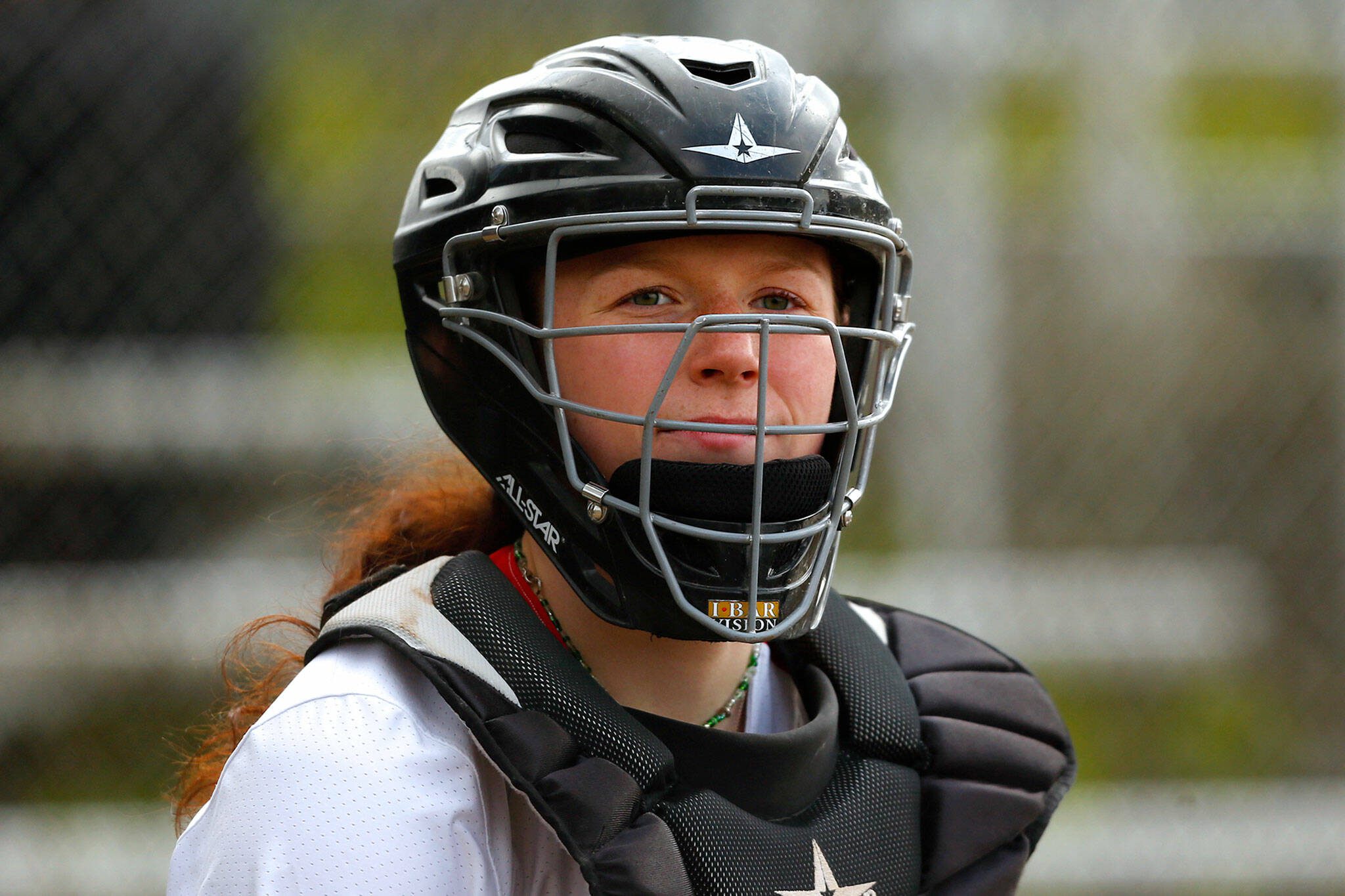 Mountlake Terrace catcher Cameron Dunn holds down the fort behind home plate during a game against Archbishop Murphy on Tuesday, April 18, 2023, at her team’s home field in Mountlake Terrace, Washington. (Ryan Berry / The Herald)
