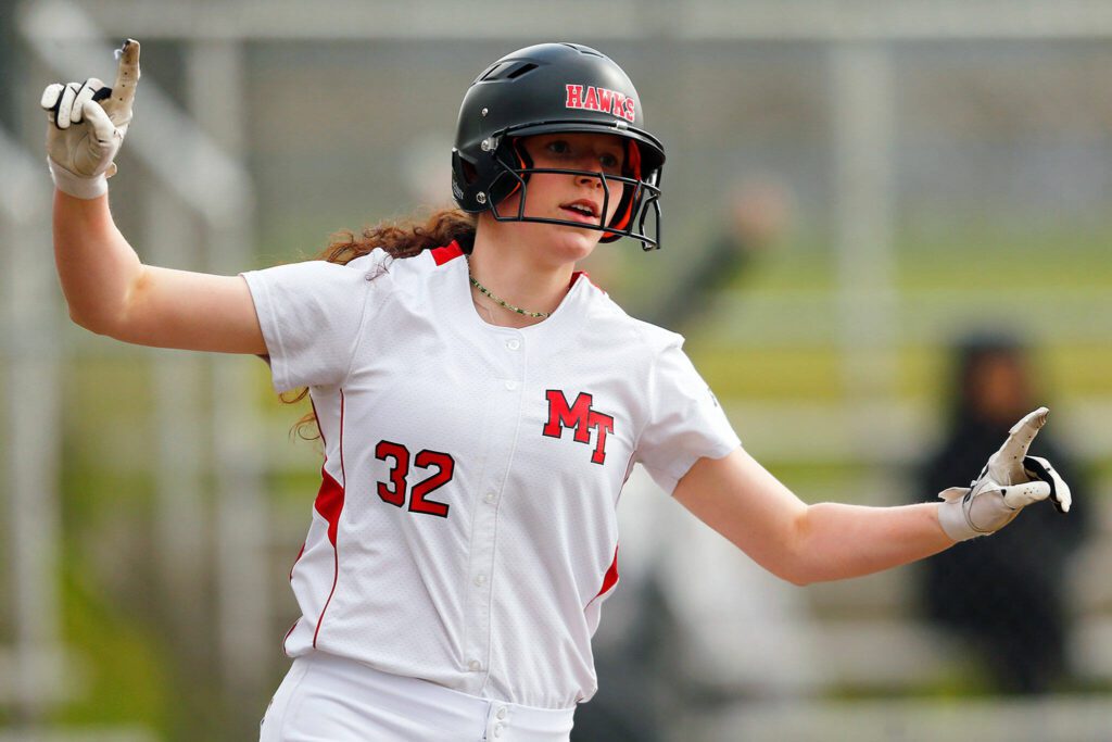 Mountlake Terrace catcher Cameron Dunn rounds first base after hitting a homer against Archbishop Murphy on Tuesday, April 18, 2023, at her team’s home field in Mountlake Terrace, Washington. (Ryan Berry / The Herald)
