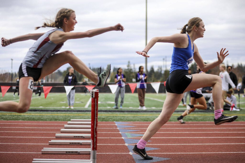 Runners race in the girls 100m finals during the Eason Invitational at Veterans Memorial Stadium in Snohomish, Washington on Saturday, April 22, 2023. (Annie Barker / The Herald)
