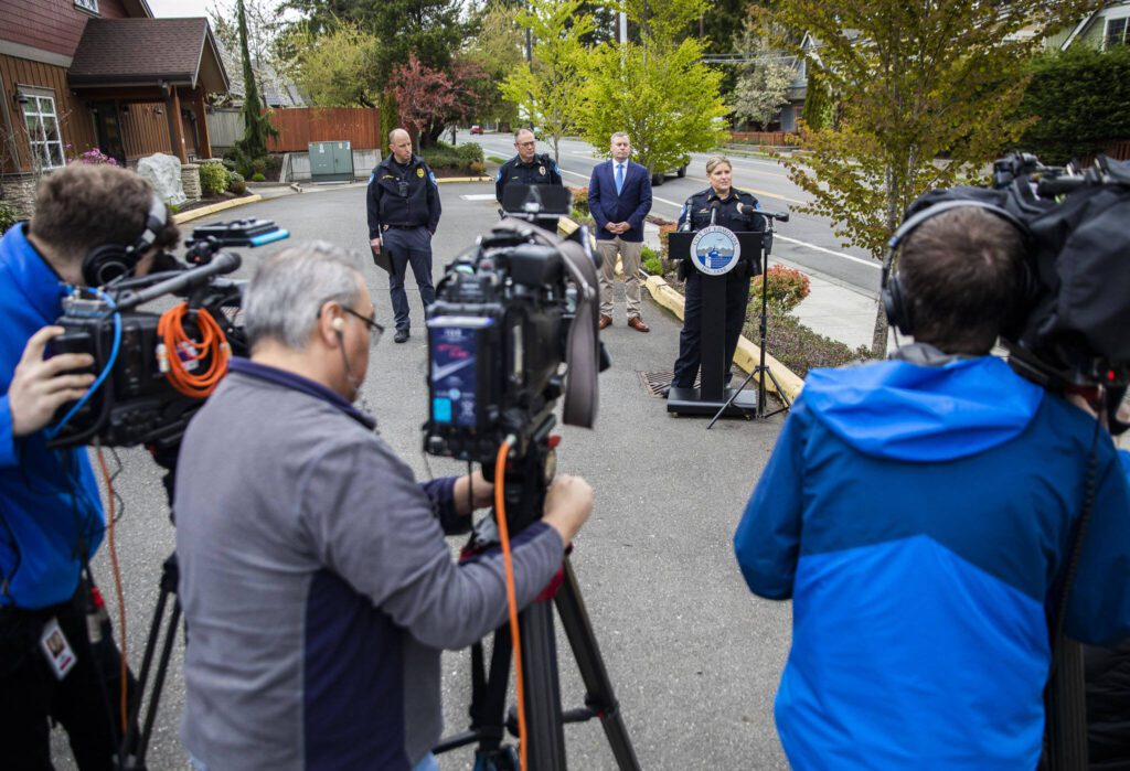 Edmonds Police Chief Michelle Bennett speaks to the press during a briefing on Tuesday, April 25, 2023 in Edmonds, Washington. (Olivia Vanni / The Herald)
