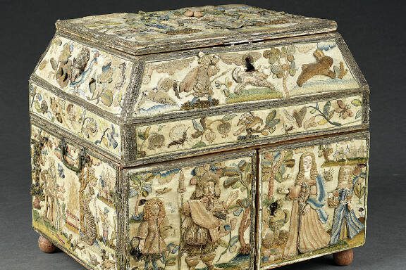 The embroidered figures on this 17th-century box are three-dimensional. They were made with a technique called stumpwork that was popular at the time and, even after hundreds of years, shows the embroiderer’s advanced skill.