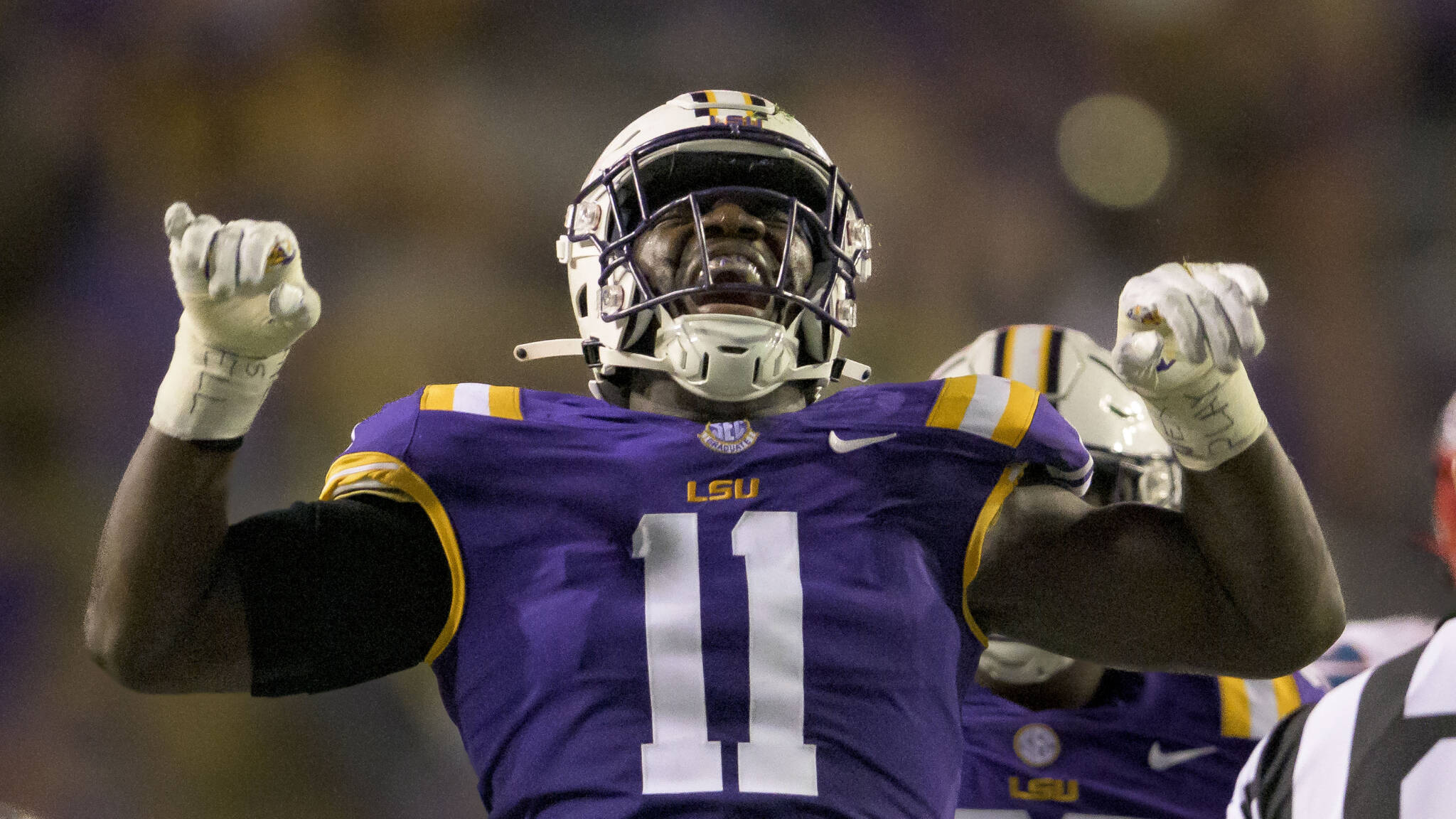 LSU defensive end Ali Gaye, an Edmonds-Woodway graduate, celebrates a sack during a game against New Mexico on Sept. 24, 2022, in New Orleans. (AP Photo/Matthew Hinton)