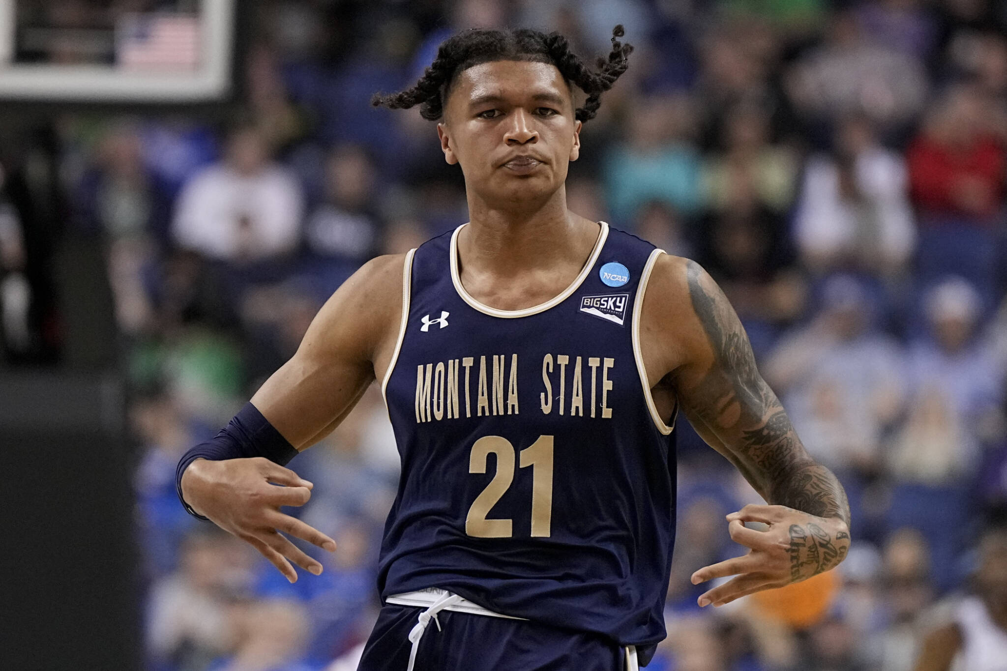 Montana State guard RaeQuan Battle, a Marysville Pilchuck alum, celebrates after scoring against Kansas State during a first-round NCAA Tournament game on March 17, 2023, in Greensboro, N.C. (AP Photo/Chris Carlson)