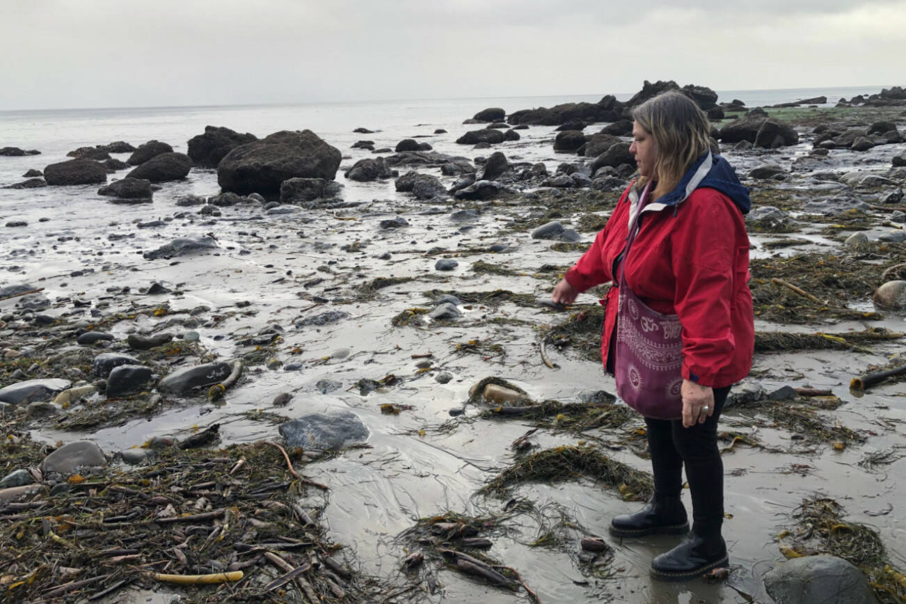 Mary Beth Beuke walks the beach searching for sea glass where the Straits of Juan de Fuca meet the Pacific Ocean. (Michael Wagar / The Daily World)